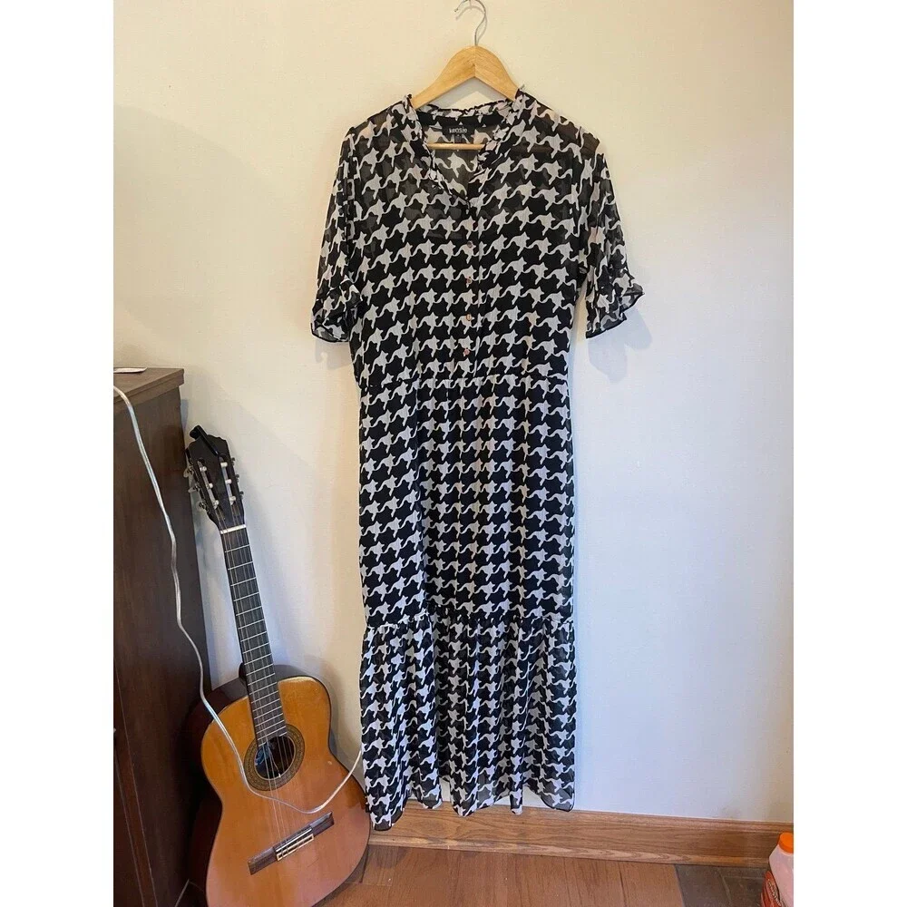 Kenzie Houndstooth Chiffon Lightweight Dress Size 14 - Picture 4 of 9